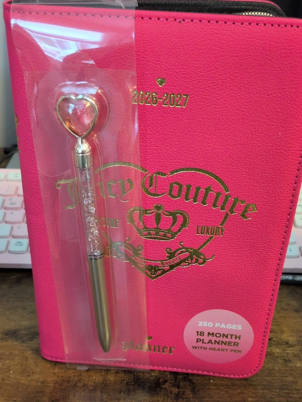 Juicy Couture Hot Pink Planner with Heart Crystal Pen 2026-2027  With Zipper